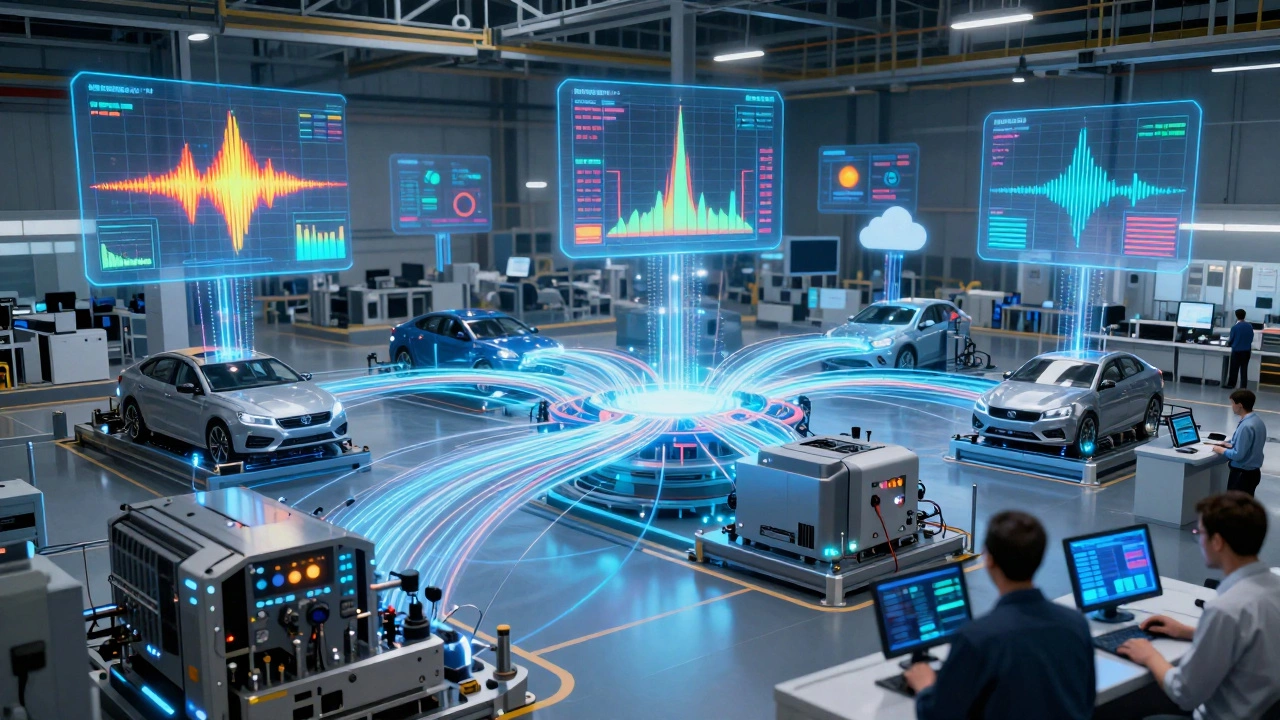 Сетевая диаграмма данных с голографическими аналитиками над станками на заводе.