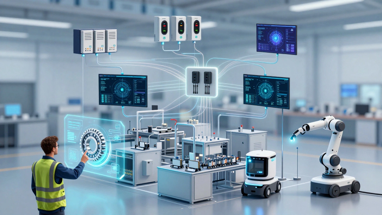 Схема автоматизированной фабрики с взаимосвязанными датчиками, роботами и цифровыми двойниками.