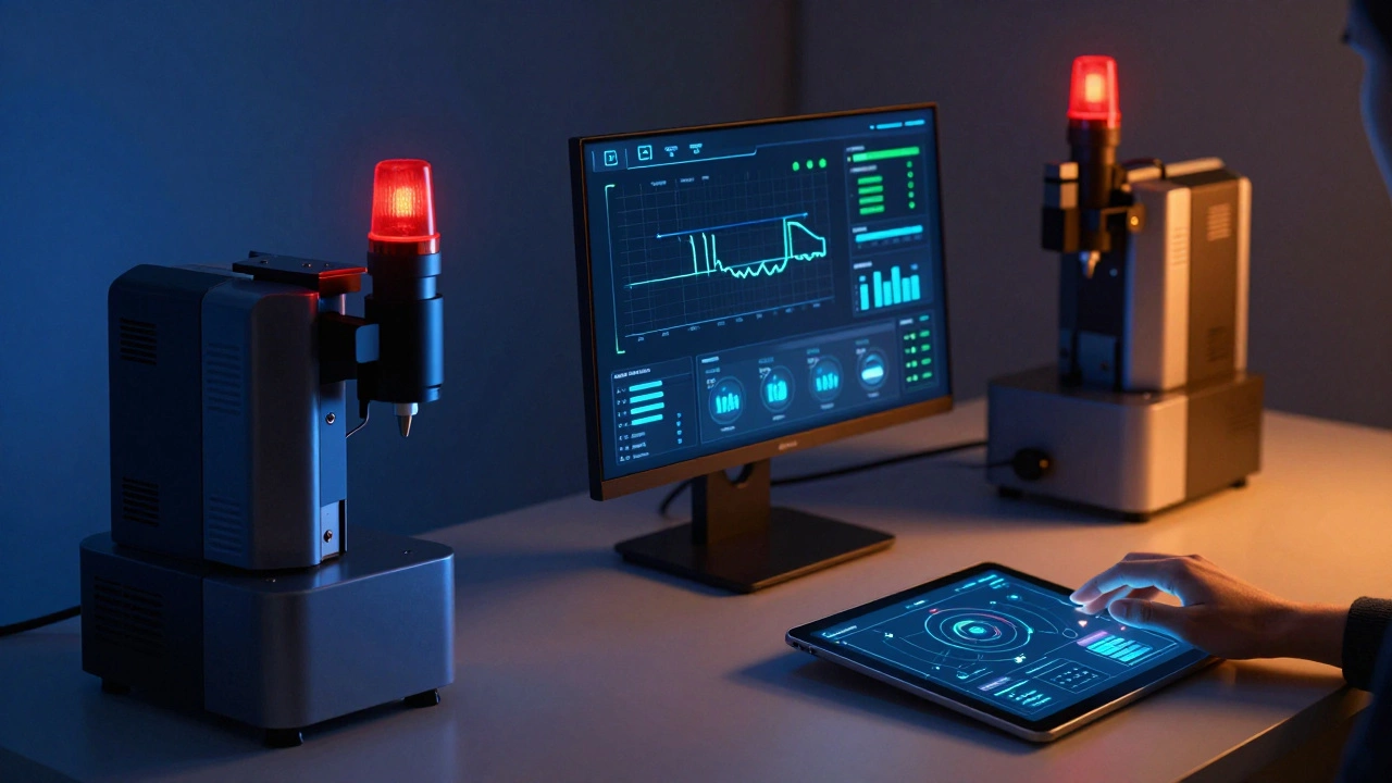 Слева — сломанный автоматизированный станок, справа — тот же станок с цифровой панелью.