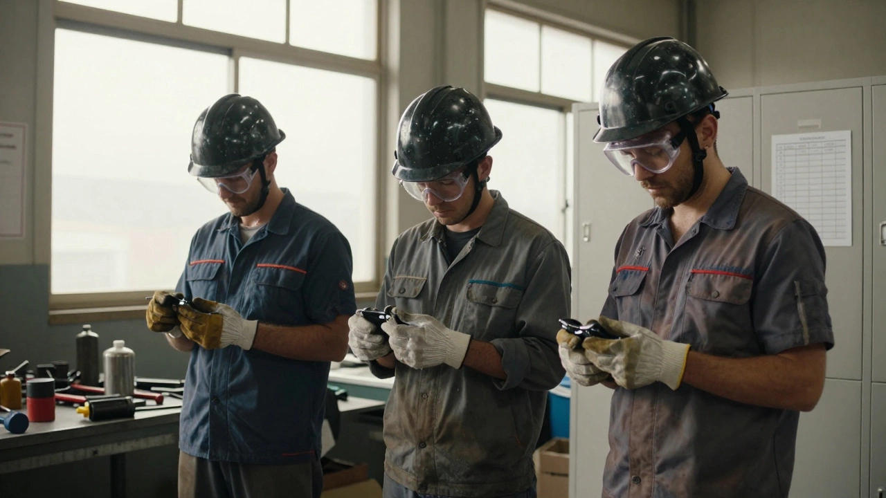 Три рабочих проверяют средства индивидуальной защиты перед сменой.