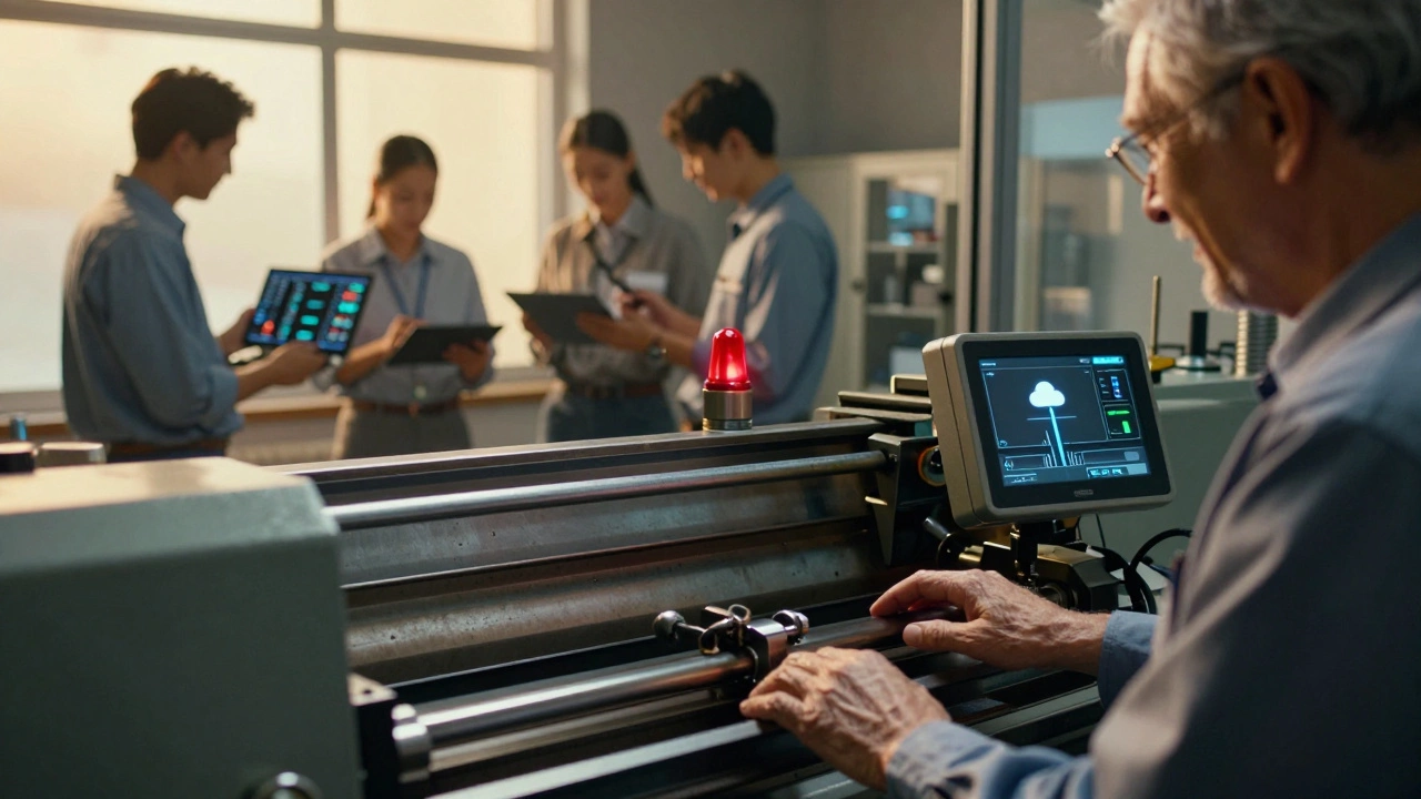 Устаревший станок с современными датчиками и инженеры, анализирующие данные на планшетах.