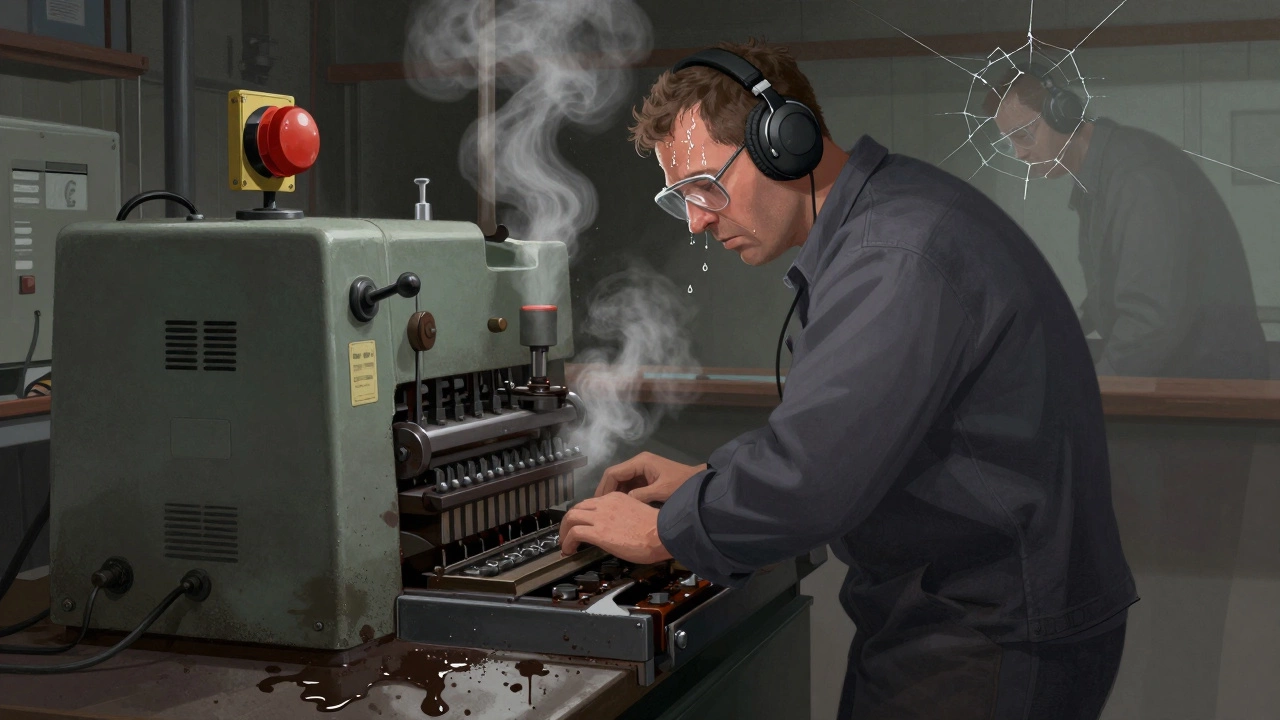 Уставший оператор работает на устаревшем прессе без защиты, наушники и отсутствие средств индивидуальной защиты.