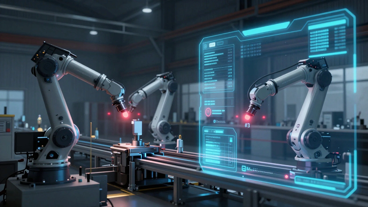 Цифровой двойник производственной линии: физические станки и их виртуальные копии с потоками данных и предупреждениями.