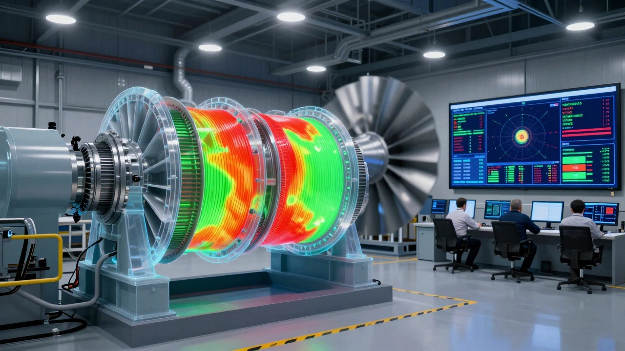 Цифровой двойник турбины с данными о износе, отображаемый над реальным оборудованием в цеху.