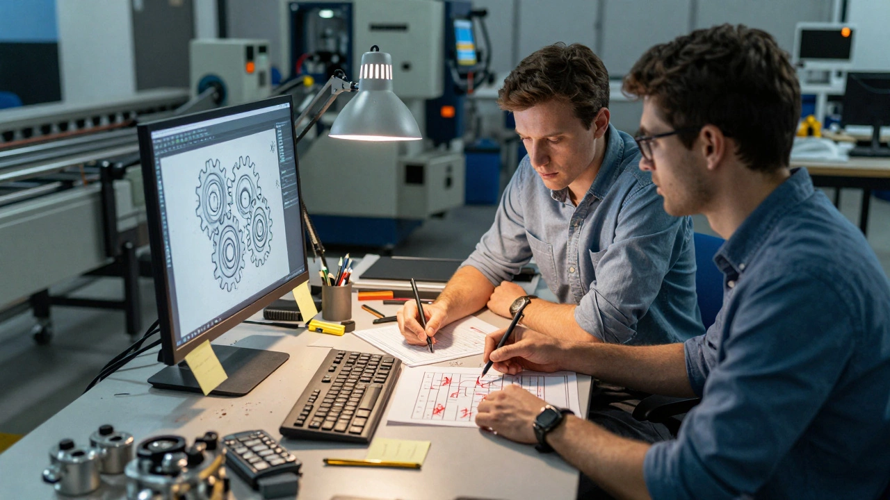 Два инженера обсуждают чертёж и технологический процесс за одним столом.