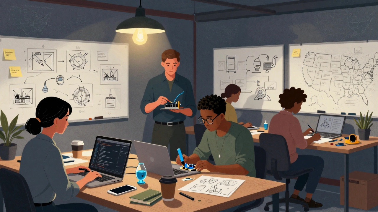 Группа предпринимателей работает в гараже, создавая экологические технологии и программное обеспечение.