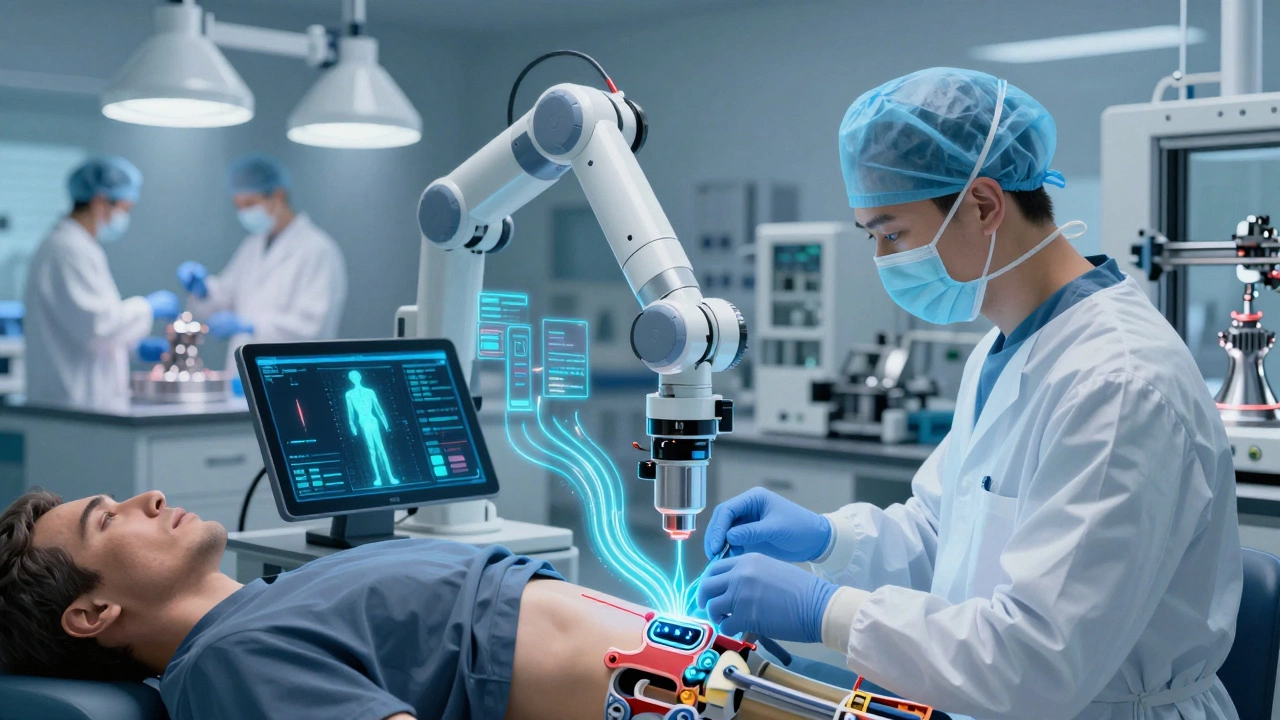 Хирург имплантирует умный протез с датчиками в лаборатории биомедицинской инженерии.