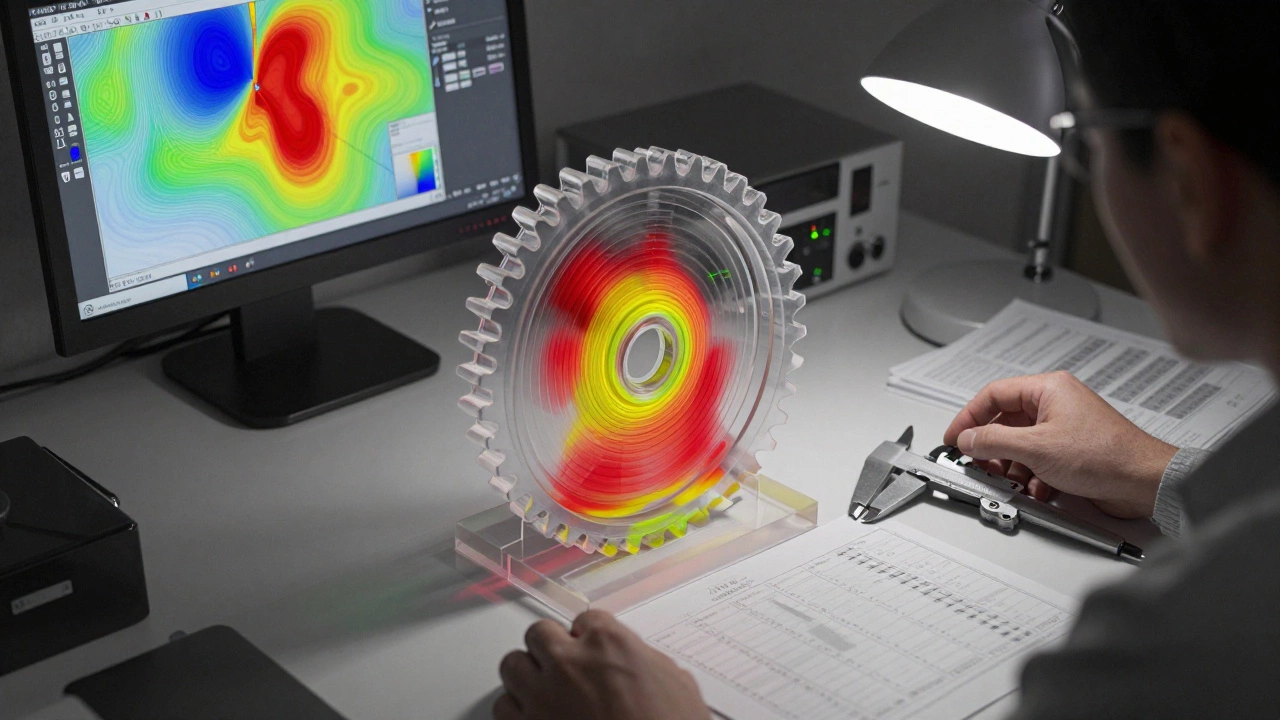 Инженер анализирует распределение напряжений на 3D-модели шестерни с тепловыми картами нагрузки.