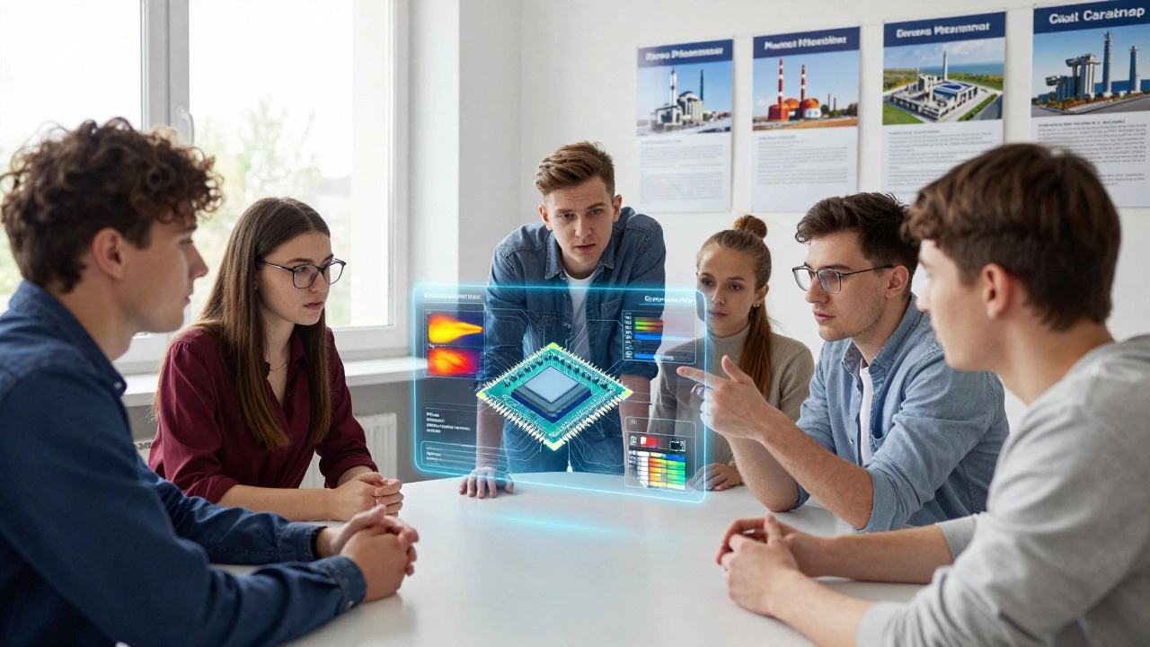 Инженеры анализируют голографическую модель микроконтроллера в классе, руки указывают на симуляции температуры и нагрузки.