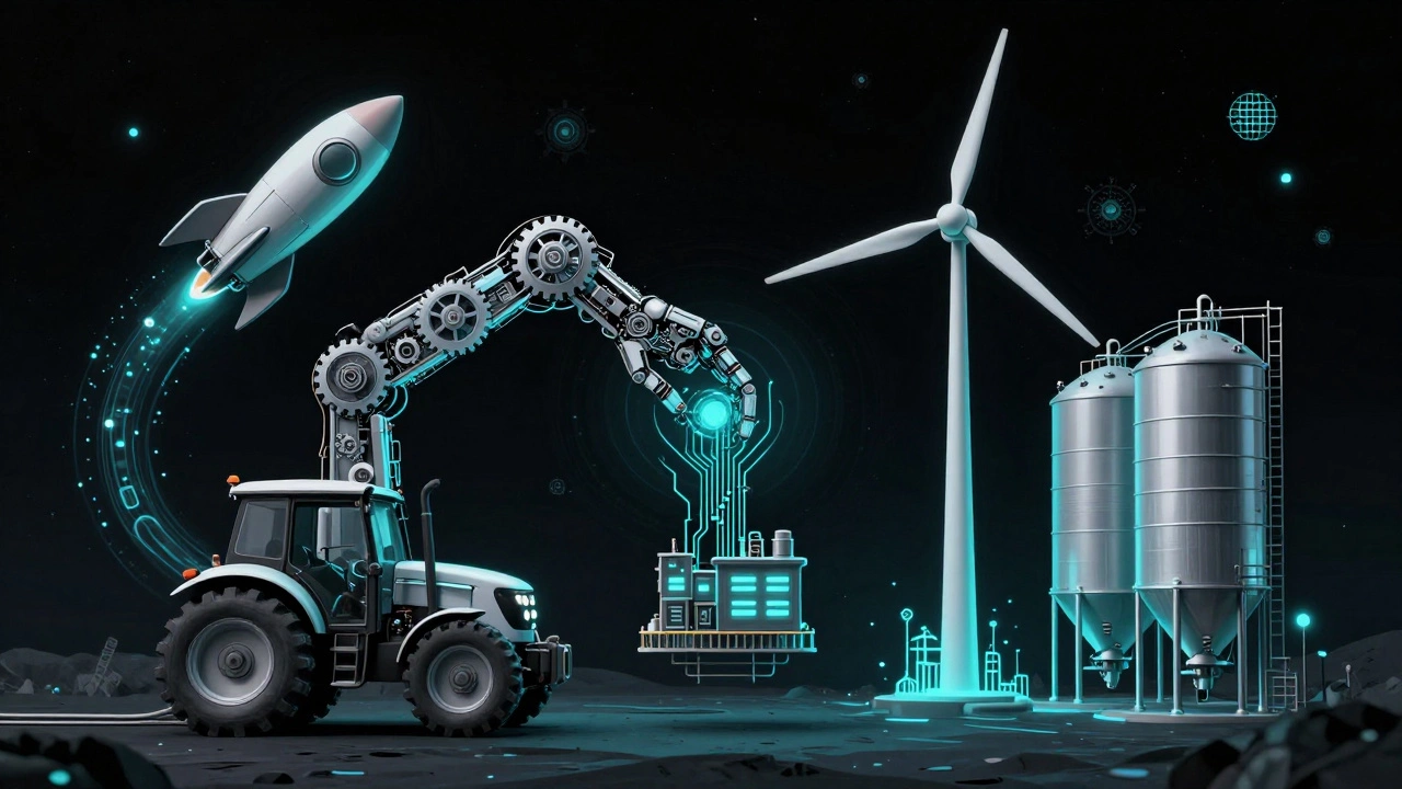 Механическая рука соединяет трактор, ракету и турбину через потоки данных