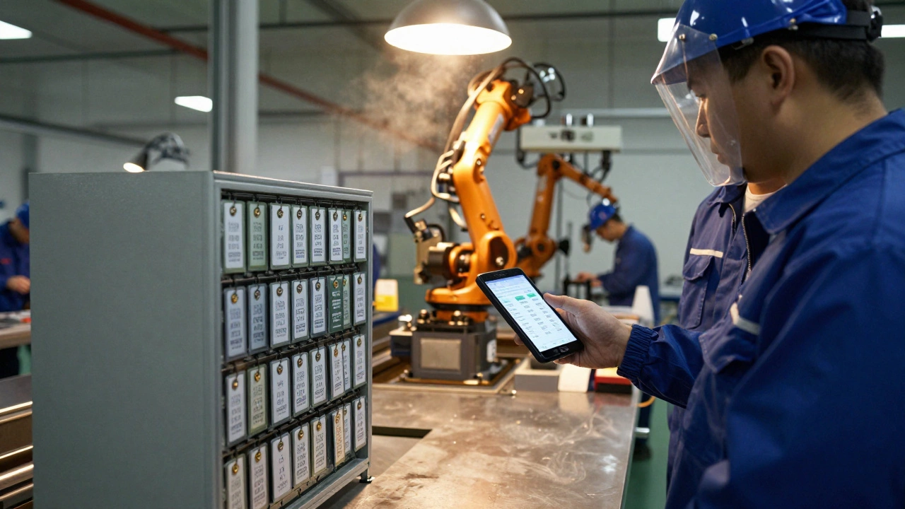 Рабочие используют мобильные устройства для контроля запасов с RFID-метками на складе.