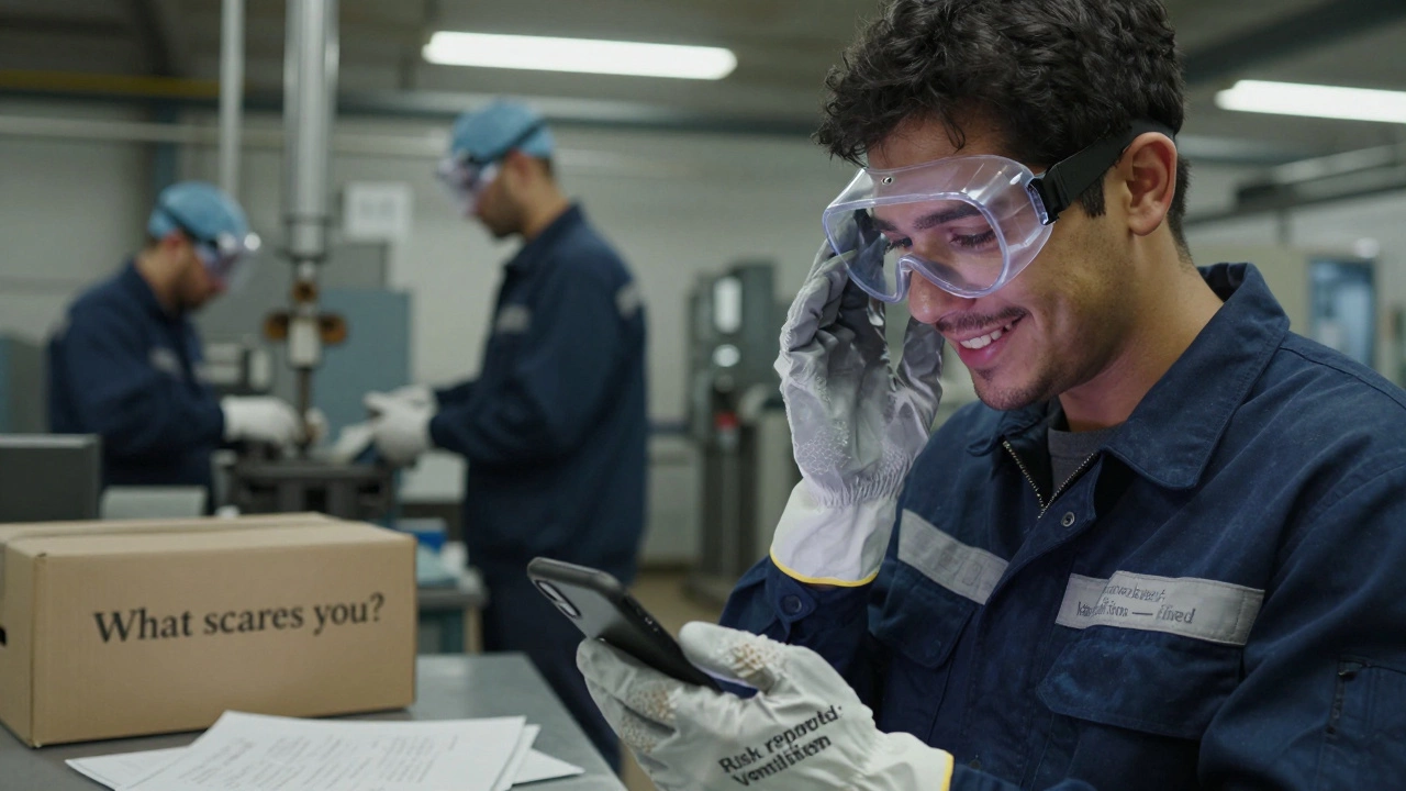 Рабочий смотрит на уведомление о решённой проблеме безопасности на производстве.