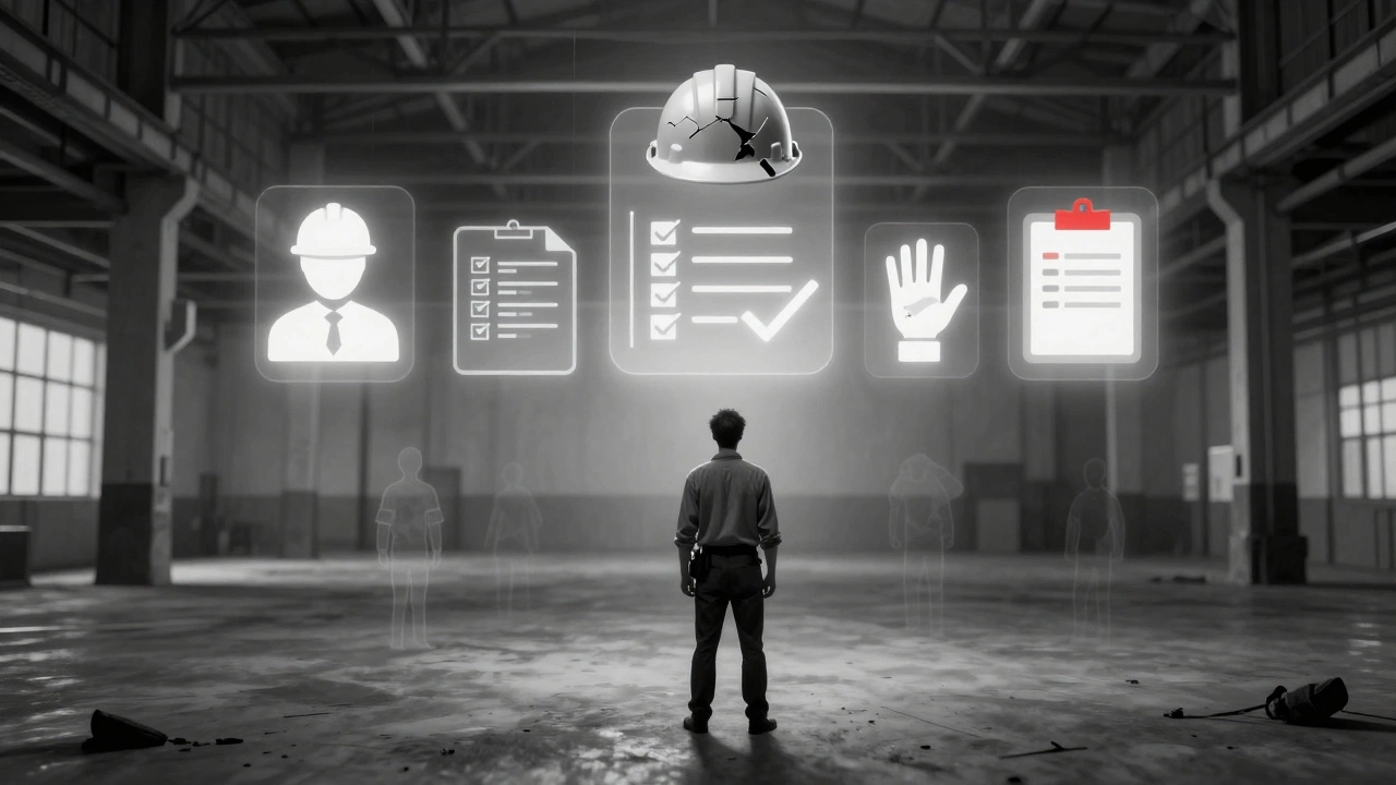 Рабочий в центре пустого цеха, над ним парят символы ответственности, один из которых поврежден.