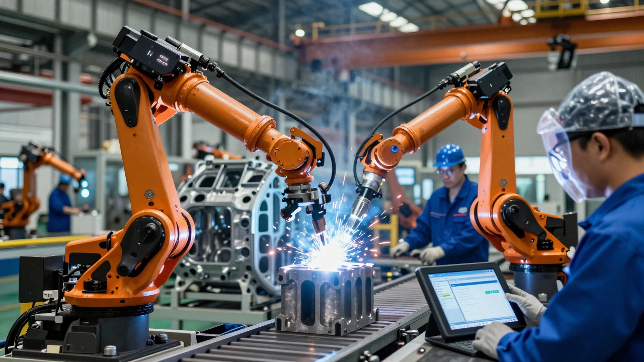 Роботы на конвейере перемещают заготовки, рабочие контролируют процесс через планшеты.