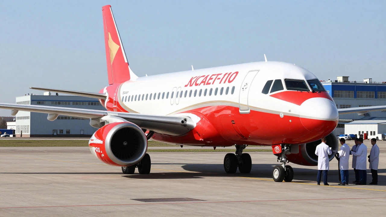 Самолёт Сухой Суперджет 100 с российскими двигателями PD-14 на взлётной полосе