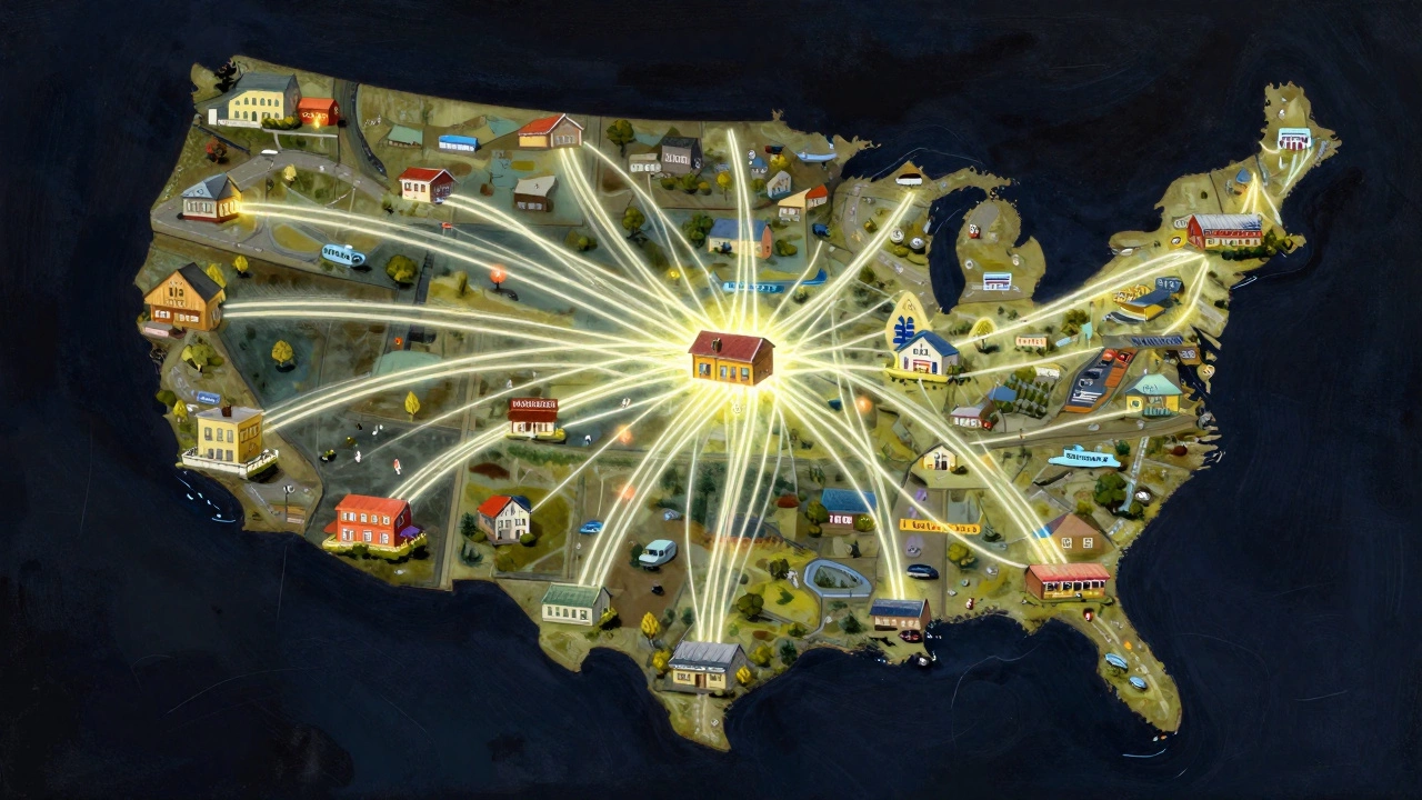 Сеть светящихся линий связывает малый бизнес с местными сообществами по всей Америке.