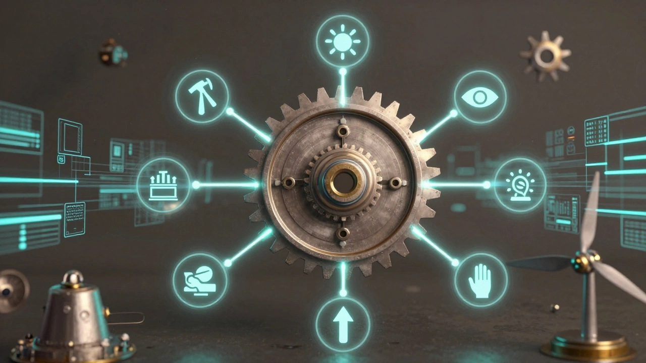 Схема производственного процесса как живая сеть из потоков и операций, центр — шестерня.