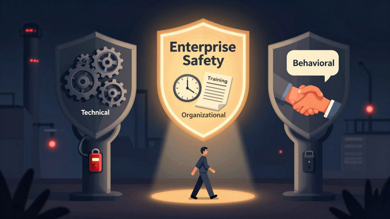 Три опоры безопасности предприятия: технические, организационные и поведенческие меры в виде символических столбов.