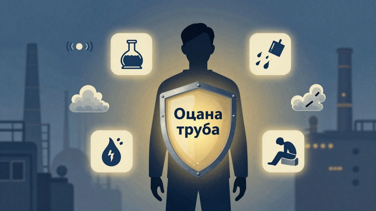 Человеческая фигура защищена щитом с надписью 'Охрана труда' от опасностей на производстве.