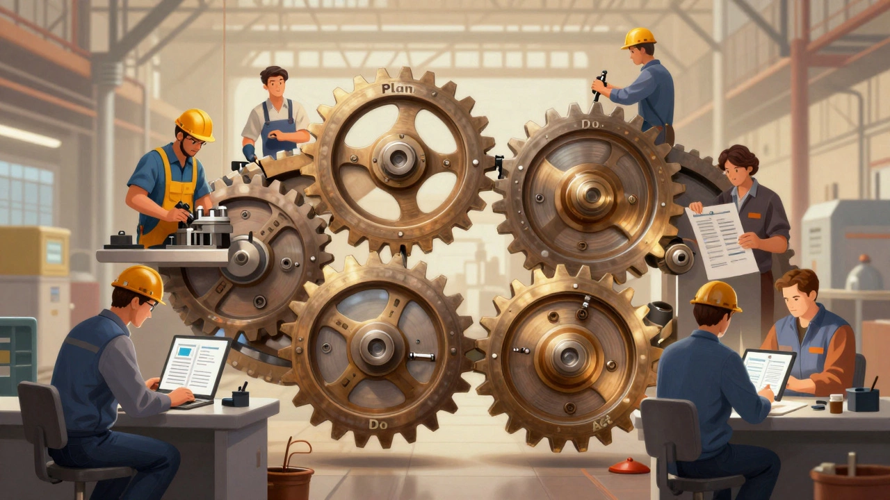 Цикл PDCA в виде связанных шестерёнок, вокруг которых работники улучшают процессы.