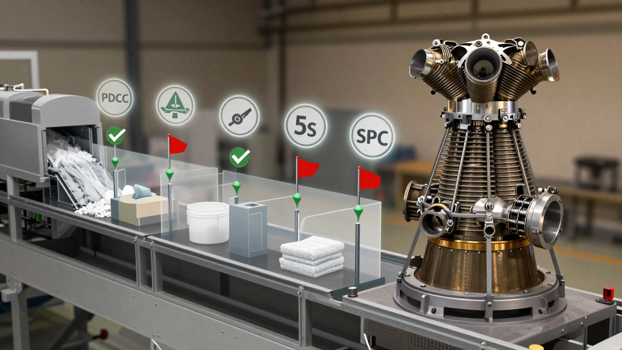 Цикл управления качеством в машиностроении: от сырья до сборки ракетного двигателя с инструментами PDCA, 5S и SPC.