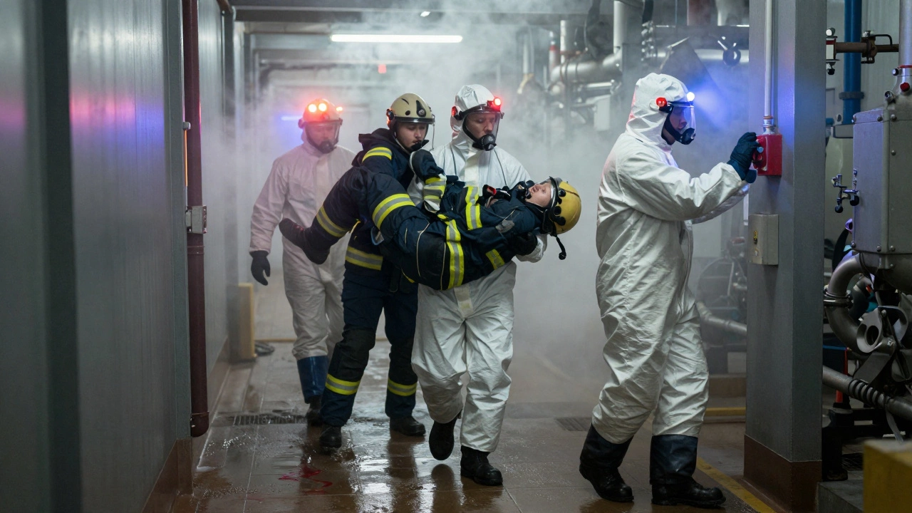 Эвакуация персонала в дыму на химическом заводе, один работник помогает пострадавшему.