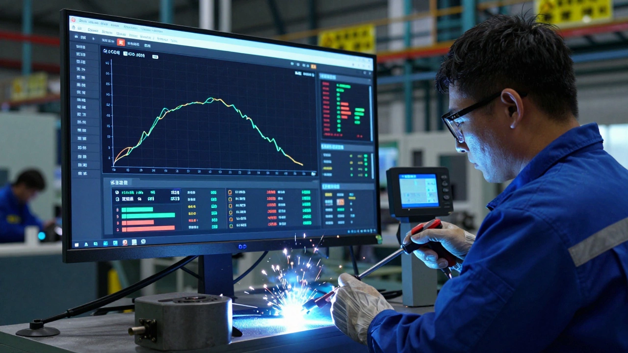 Инженер по качеству анализирует данные на экране SCADA, а оператор использует динамометрический ключ.