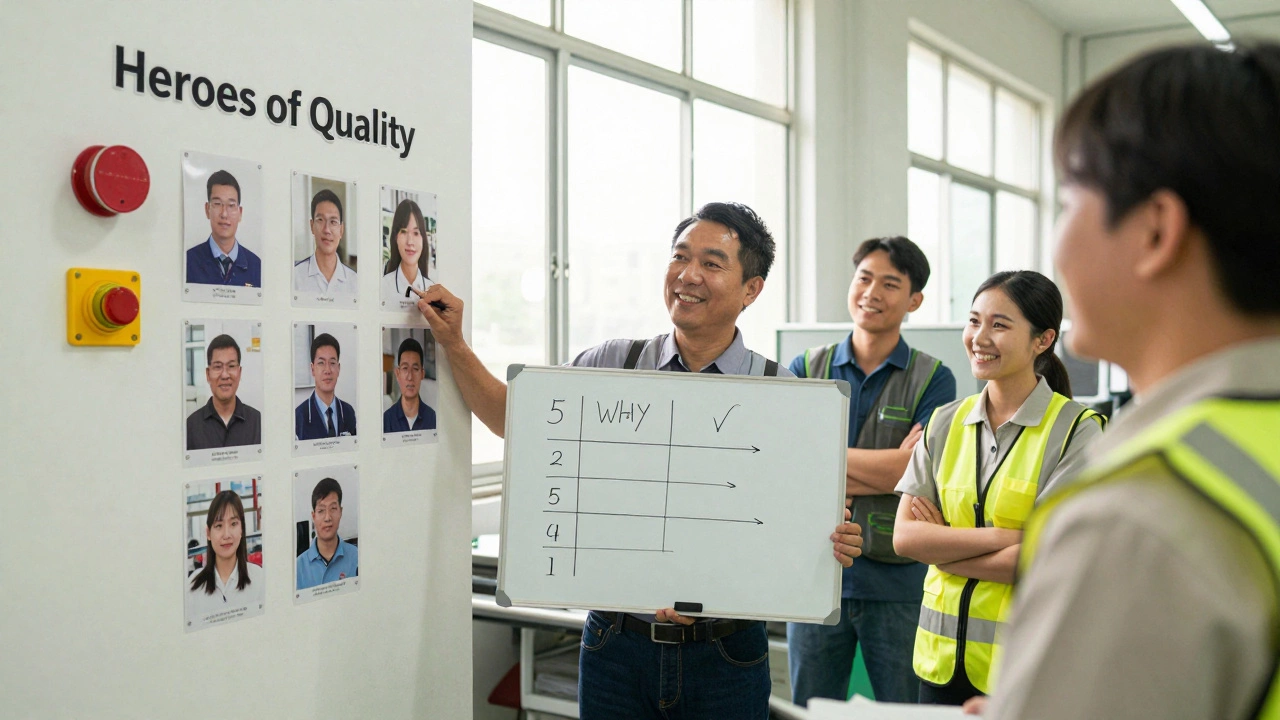Инженер по качеству стоит перед доской 'Герои качества', демонстрируя команду, которая останавливает производство при отклонениях.
