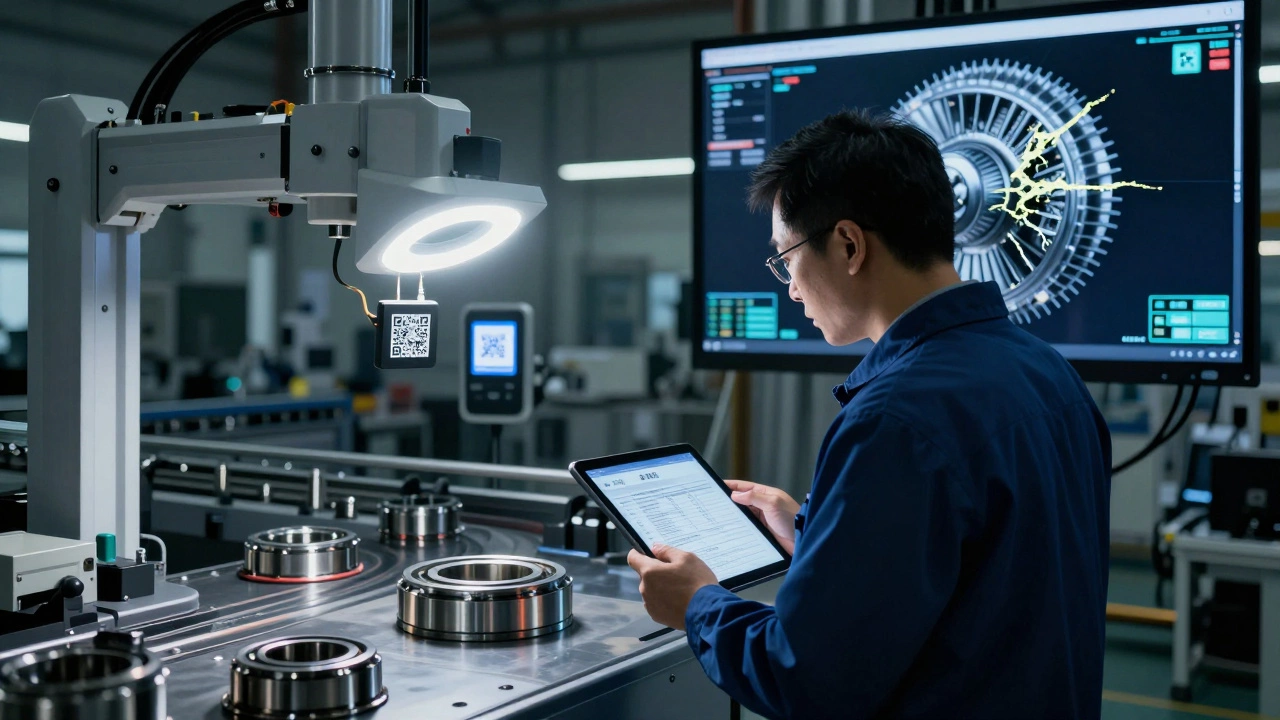 Инженер проверяет комплектующие у поставщика с помощью цифровых отчетов.