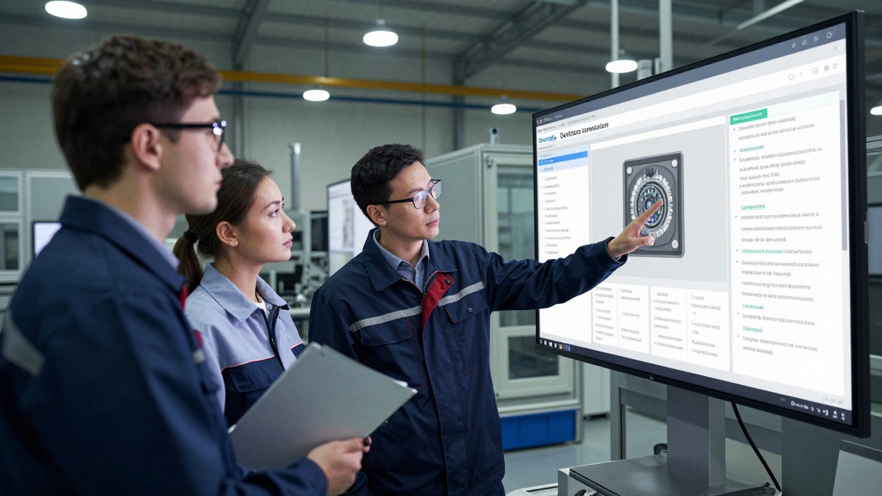 Инженеры анализируют данные качества на цифровой платформе с отслеживанием деталей по блокчейну.