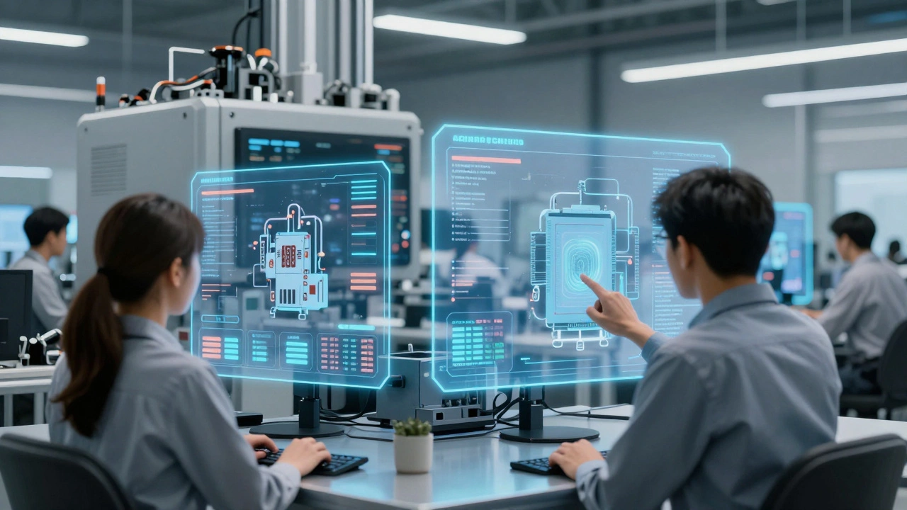 Клиенты смотрят на голографические данные оборудования в умном заводе