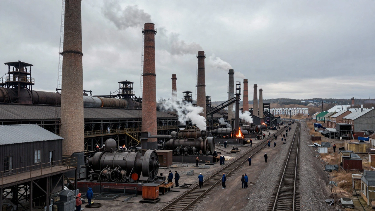 Промышленный завод Урала с трубами, рельсами и механизмами, символизирующий масштабную автоматизацию.