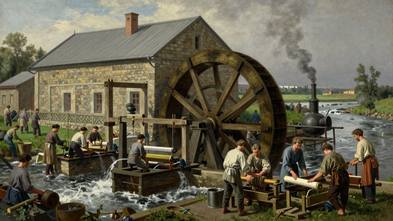 Рабочие на мануфактуре с водяным колесом выполняют разделение труда на производстве.