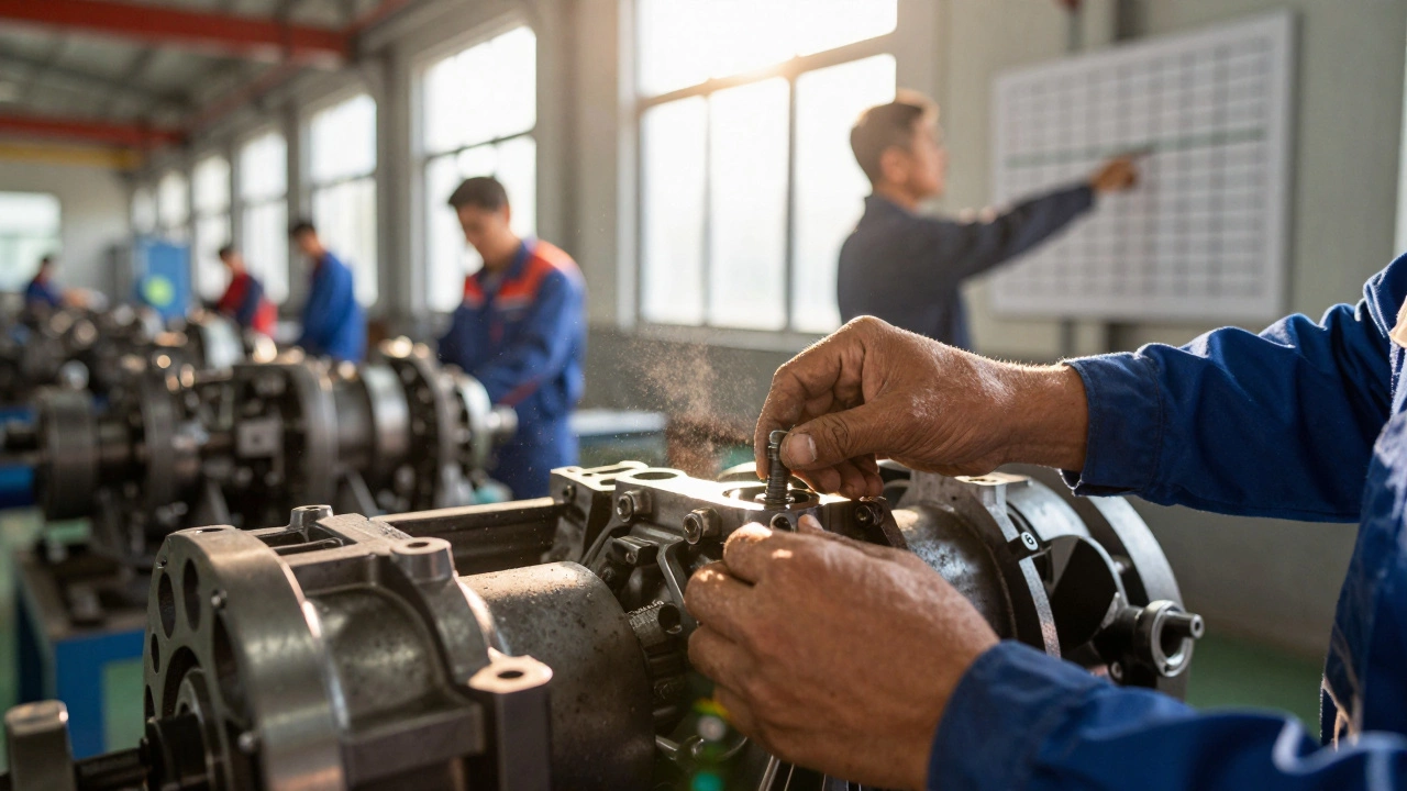 Рабочий устанавливает болт в трансмиссию трактора, коллеги наблюдают за измерениями — символ ответственности и культуры качества.