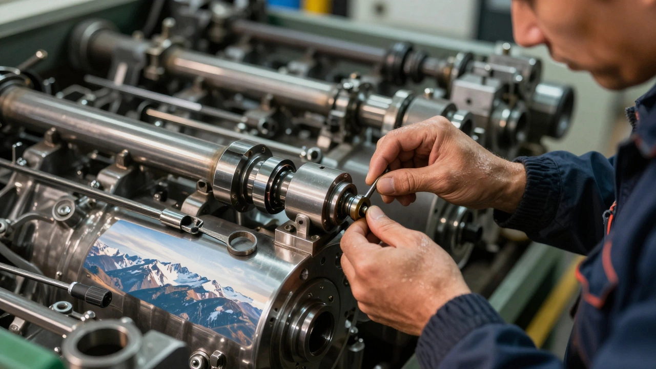 Работник устанавливает деталь в трактор, свет подчеркивает его усилия и мастерство.