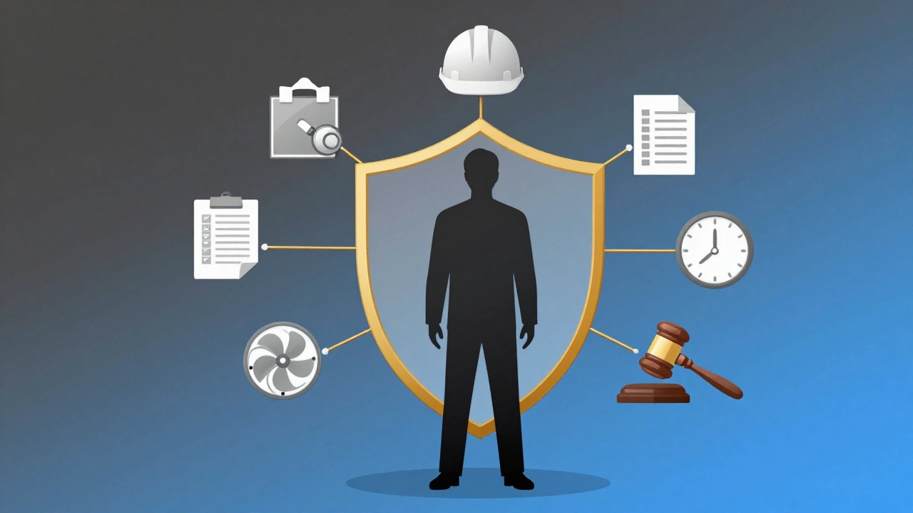 Силуэт человека, окруженный символами охраны труда: каска, медицинский осмотр, тренировки и закон.