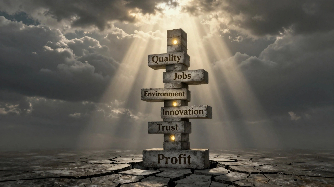 Здание из кирпичей с надписями: качество, работа, экология — символ устойчивого предприятия.