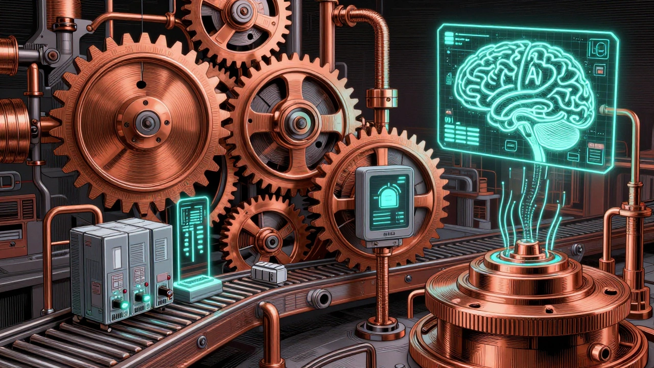 Абстрактная схема автоматизированного производства как часового механизма с цифровыми элементами.