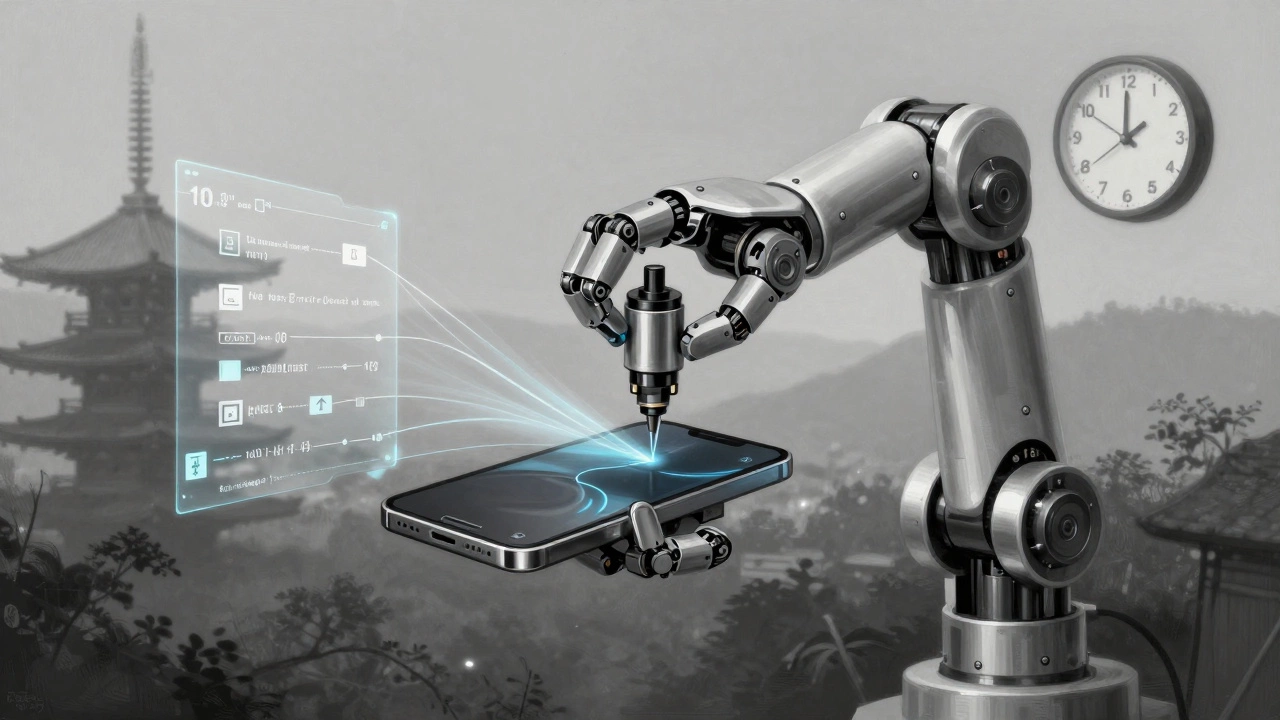 Японский робот собирает смартфон с точностью до микрона, вокруг — потоки данных о обслуживании.