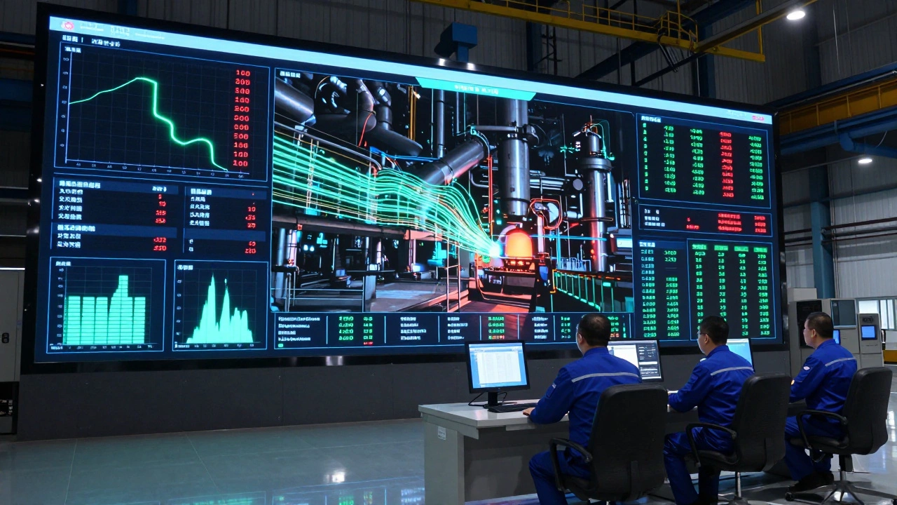 Цифровой двойник завода на экранах контрольной комнаты с живыми данными.