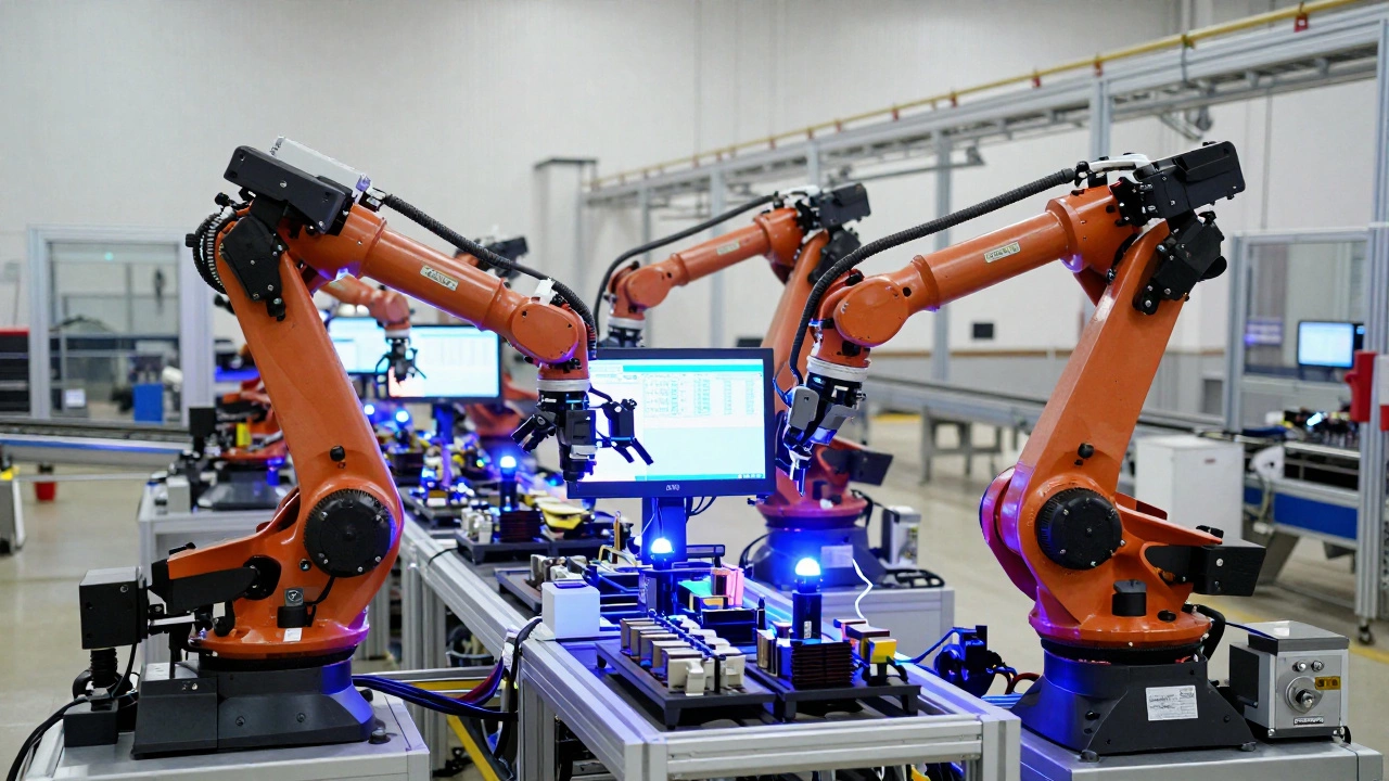 Гибкая производственная система с роботами, перенастраивающимися для разных задач.