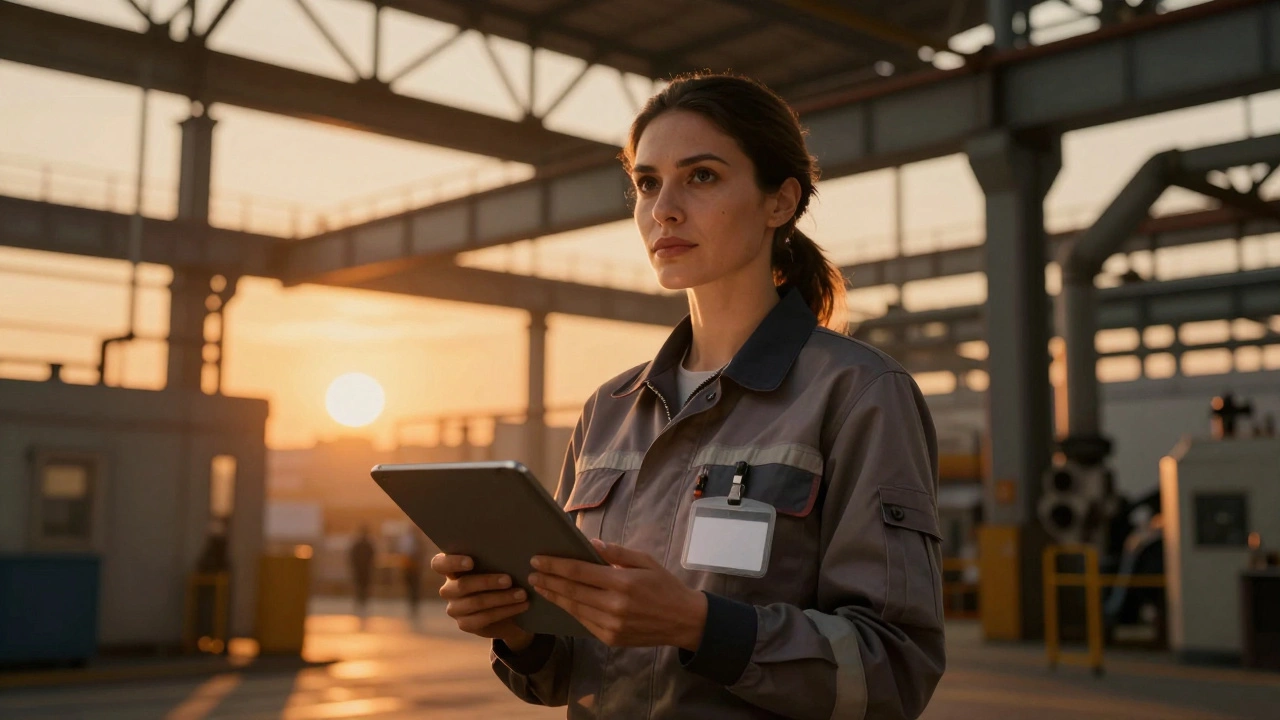 Инженер стоит в цеху при тёплом освещении