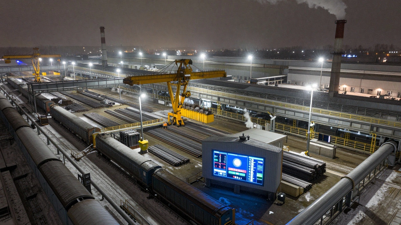 Ночной вид промышленного комплекса с доставкой сырья, автоматизированными кранами и центральным пунктом управления.