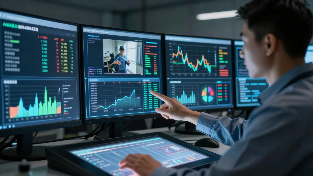 Оператор в центре управления, наблюдающий за данными автоматизированного производства.