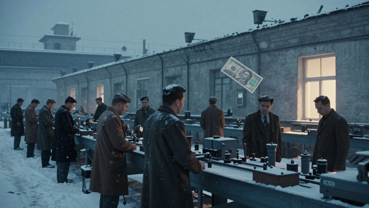 Пустые производственные линии в советской фабрике под снегом, в воздухе — одна золотая купюра, символ инвестиций.