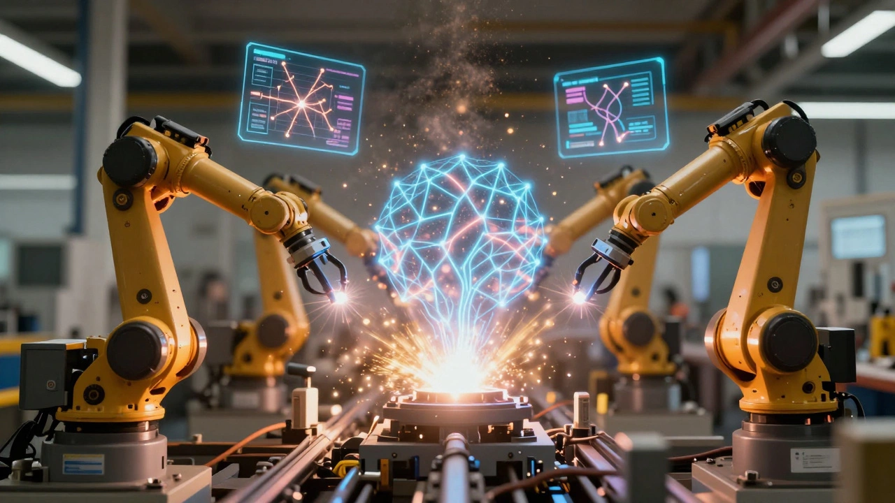 Самообучающаяся производственная линия: роботы корректируют сварку, hologрафические диаграммы показывают дефекты, система адаптируется без участия человека.