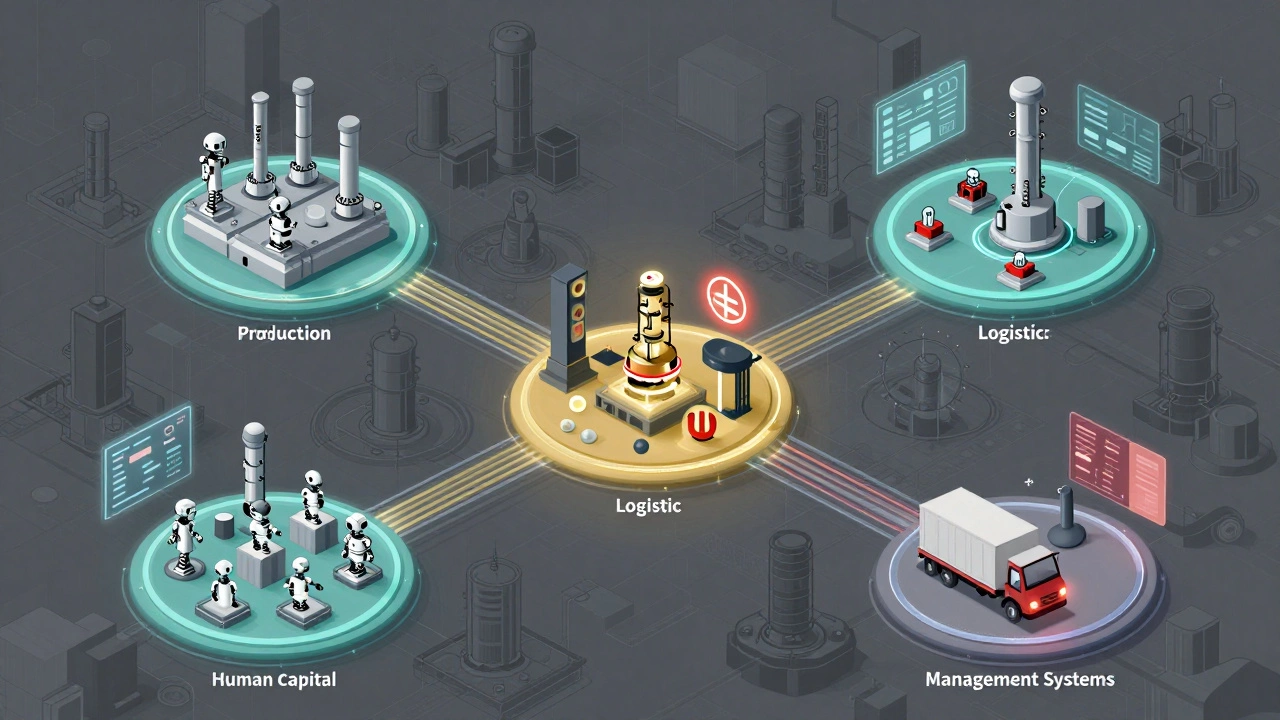 Схема промышленного производства: пять ключевых компонентов, соединённых потоками данных и символами оборудования.