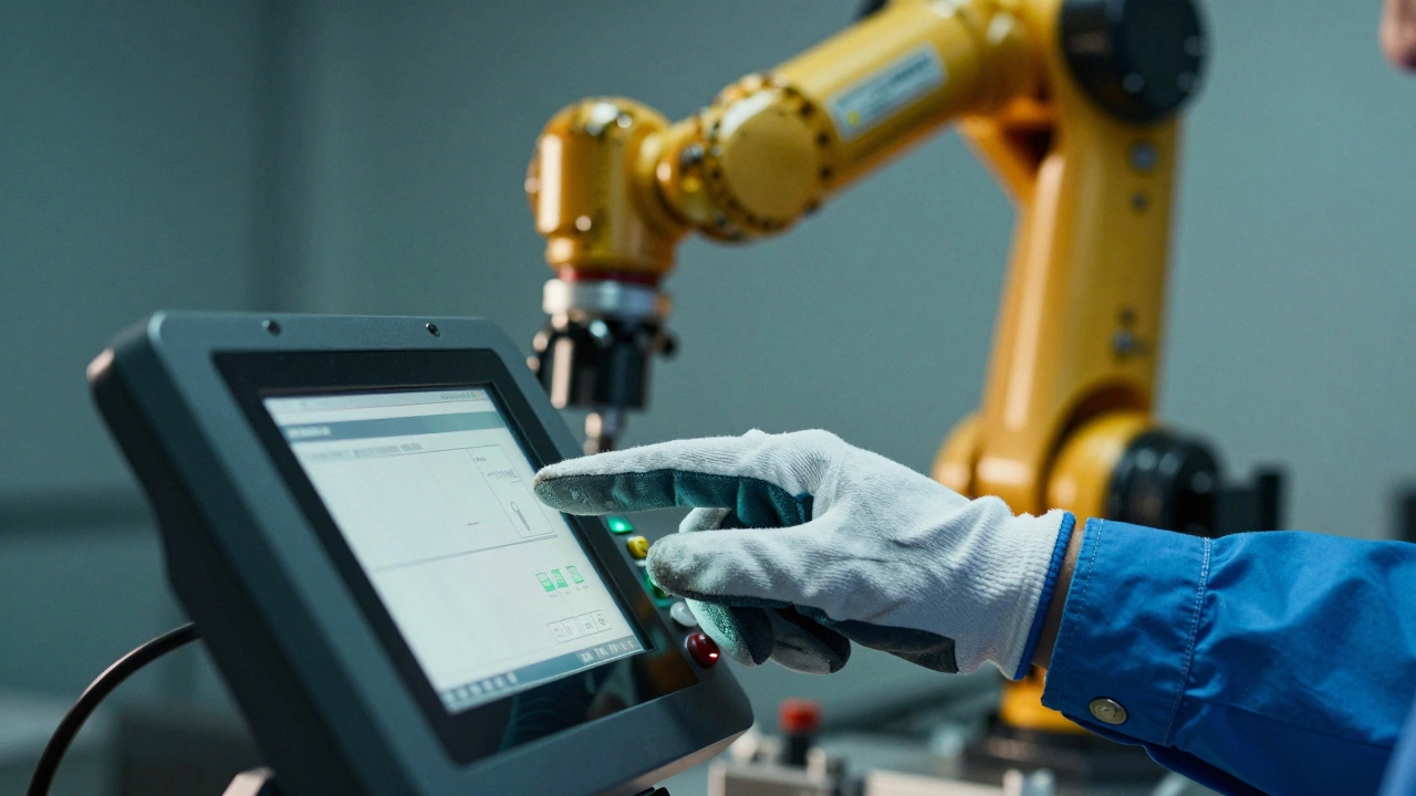 Специалист управляет роботизированной системой на производстве