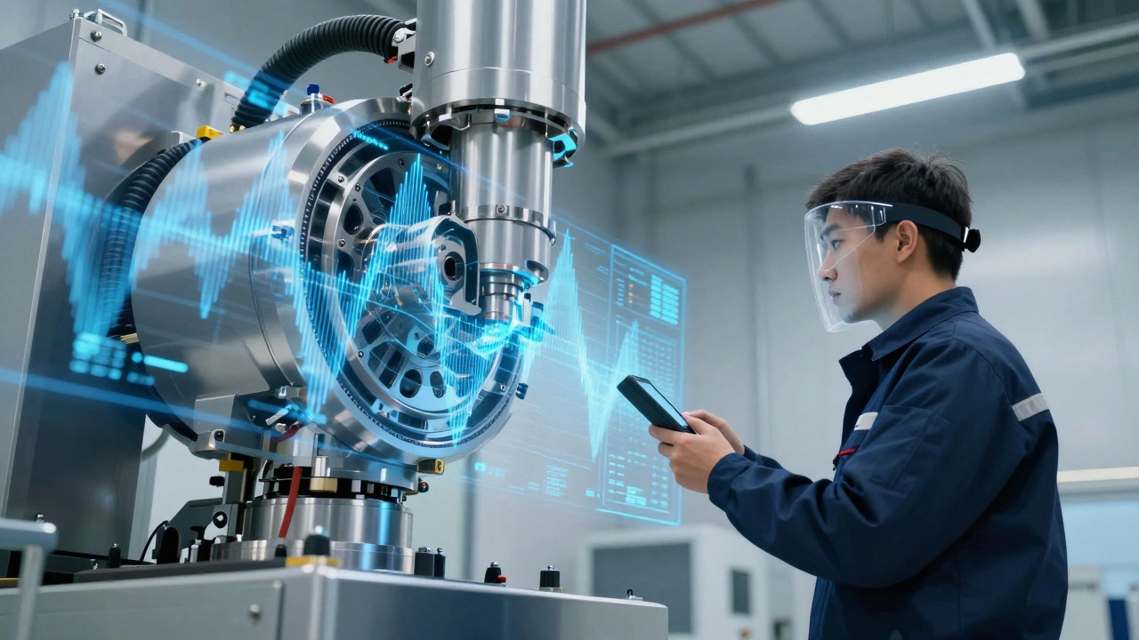 Техник сканирует промышленное оборудование со датчиком