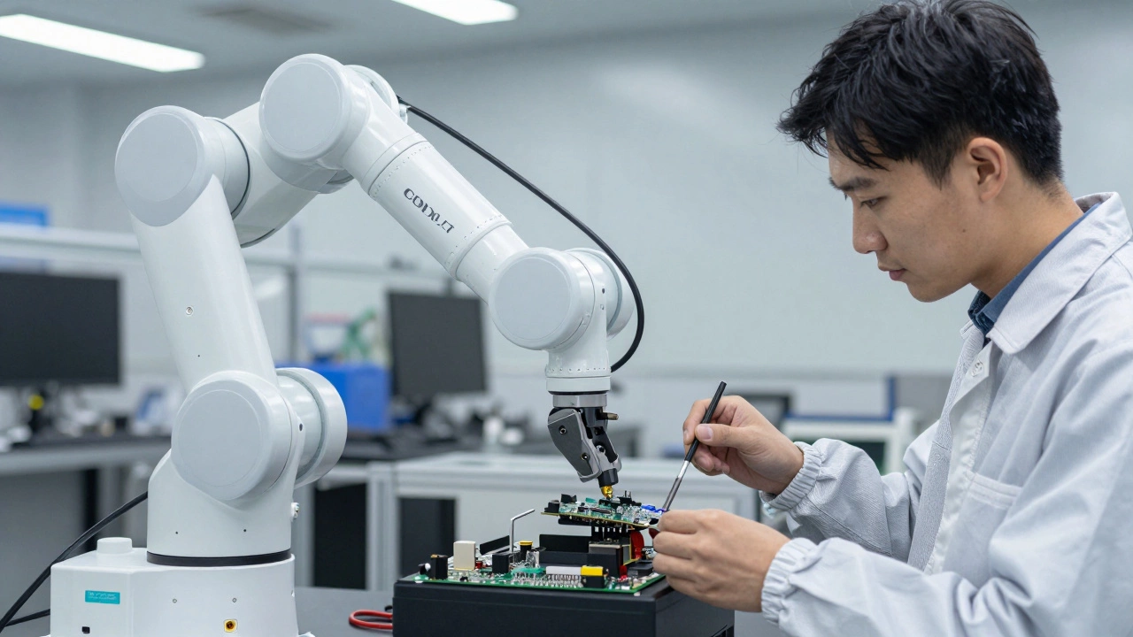 Человек и коллаборативный робот совместно собирают электронную плату
